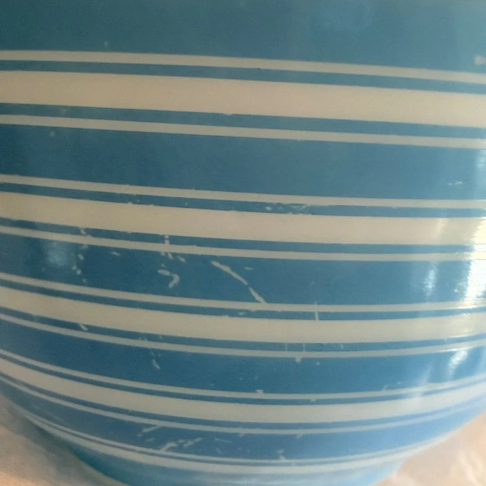 Vintage Pyrex Blue Stripes Mixing Bowl Milk Glass Mid Century Barcode Pattern